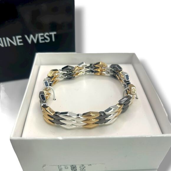 NEW Nine West Tri-Tone Basketweave Stretch Bracelet in Box Gold Gray Silver - Picture 2 of 7